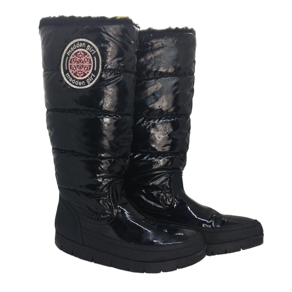 Madden Girl Womens Preowned Shiny Black Tall Insulated Lined Winter Boots-sz. 7M